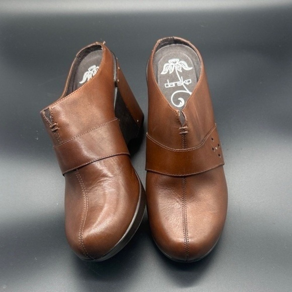 Dansko Women Brown Leather Wedge Mule Clogs Size 40 EU 9.5 10 - Picture 2 of 8